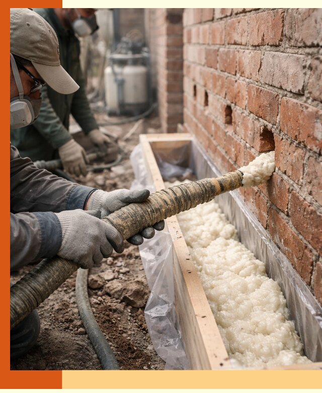 Заливка ППУ в пустоты кирпичной стены в Старой Руссе