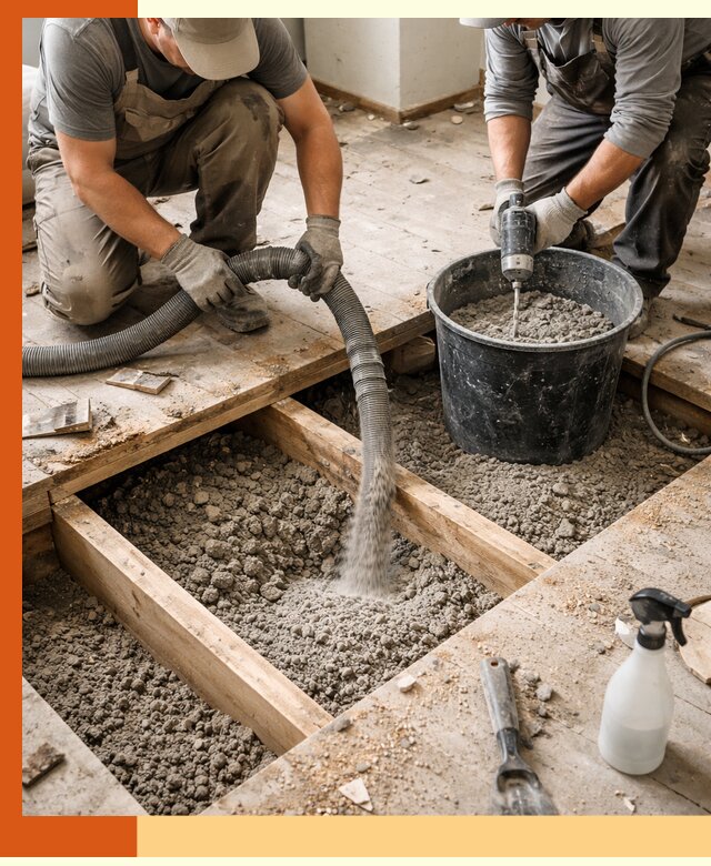 Заполнение пустот пола в Старой Руссе полиуретаном и пенополистиролом