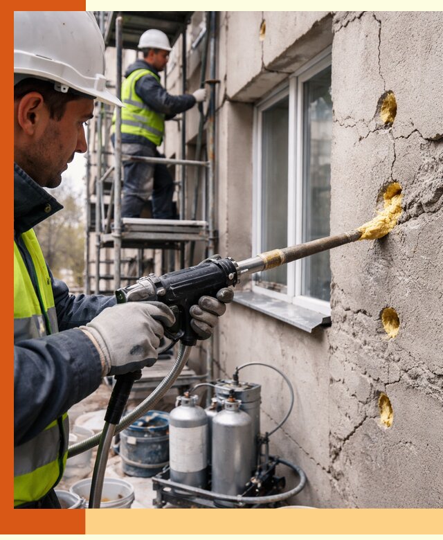 Заполнение пустот в фасаде и утепление стен в Старой Руссе