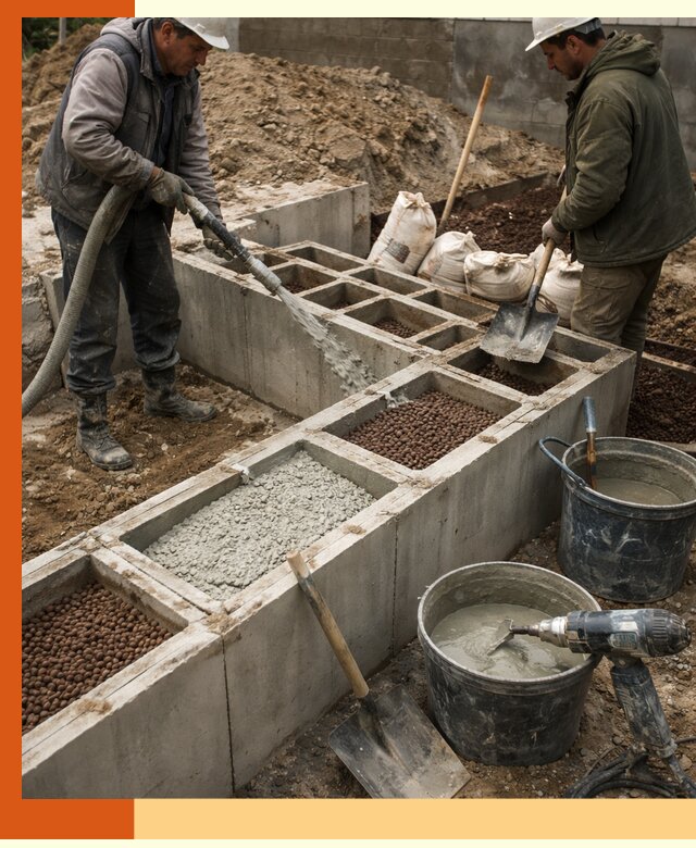 Заполнение полостей фундамента в Старой Руссе герметичным утеплением и повышением прочности